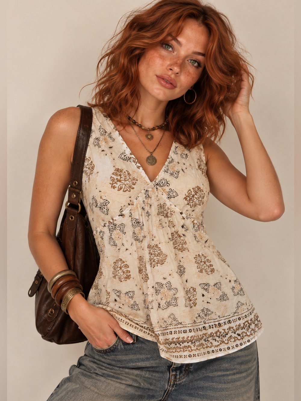 Y2K Boho Paisley Cotton Tunic Top Ivory Brown Back Tie Fall Whimsigoth L 12/14